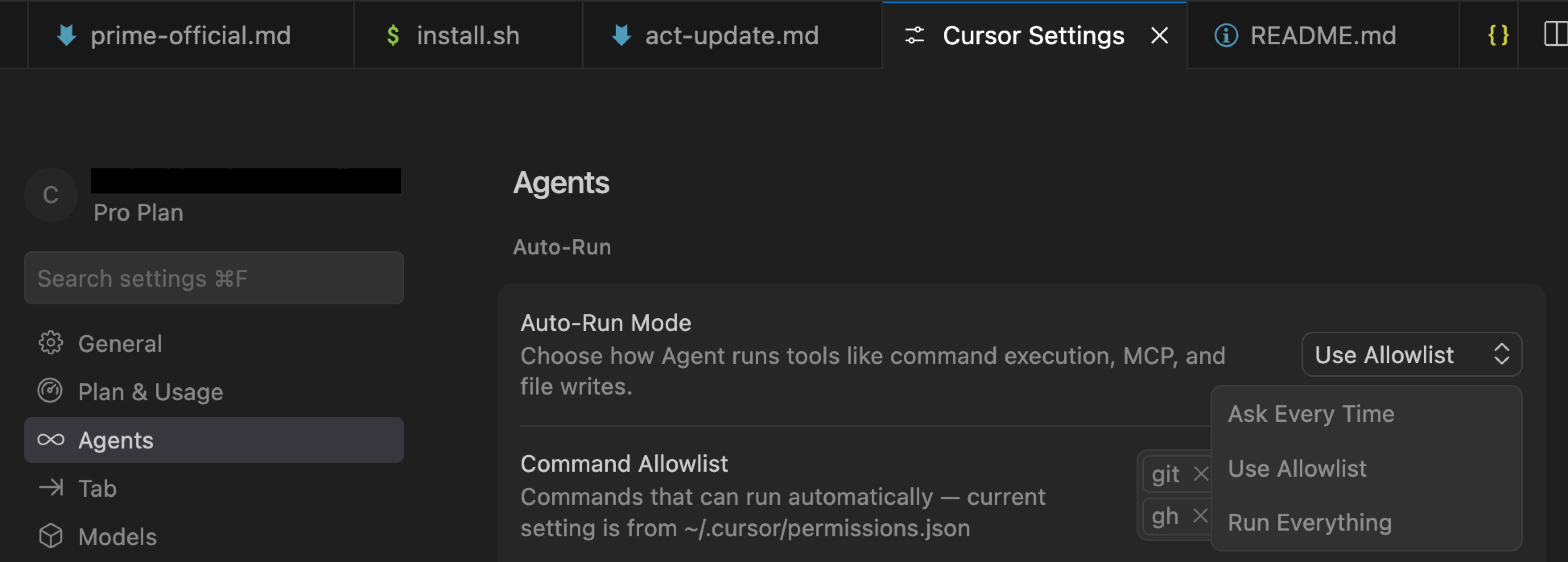 Cursor Settings showing Agents > Auto-Run with the Auto-Run Mode dropdown open