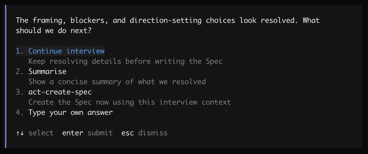Interview checkpoint showing resolved decisions, assumptions, remaining unknowns, and suggested next steps
