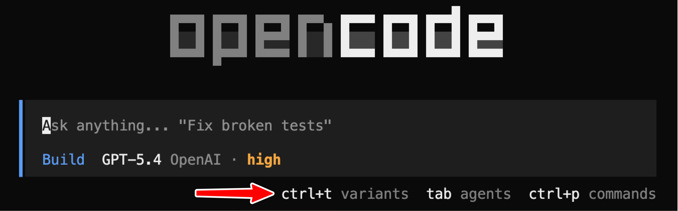 OpenCode model picker showing the ctrl+t variants menu with the high reasoning option selected